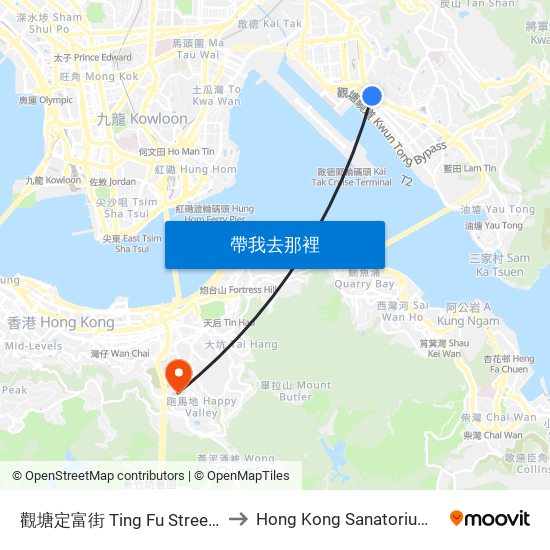 觀塘定富街 Ting Fu Street Kwun Tong to Hong Kong Sanatorium & Hospital map