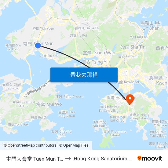 屯門大會堂 Tuen Mun Town Hall to Hong Kong Sanatorium & Hospital map