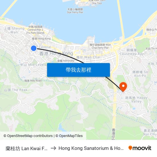 蘭桂坊 Lan Kwai Fong to Hong Kong Sanatorium & Hospital map
