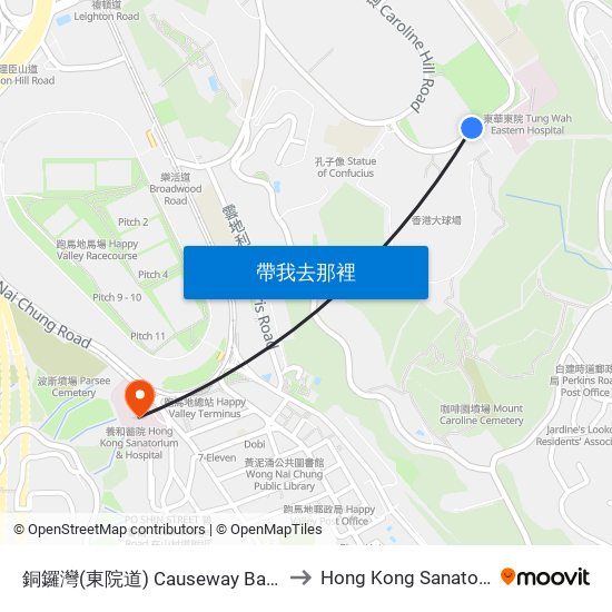 銅鑼灣(東院道) Causeway Bay (Eastern Hospital Rd) to Hong Kong Sanatorium & Hospital map