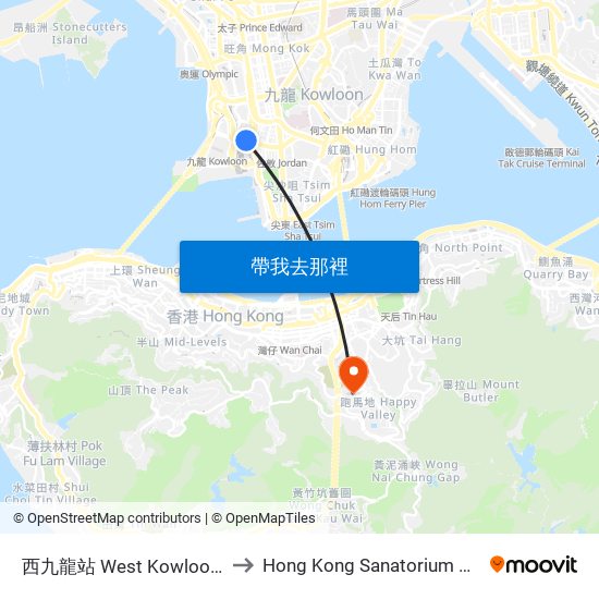 西九龍站 West Kowloon Station to Hong Kong Sanatorium & Hospital map