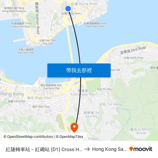紅隧轉車站－紅磡站 (D1) Cross Habour Tunnel Bbi - Hung Hom Station (D1) to Hong Kong Sanatorium & Hospital map