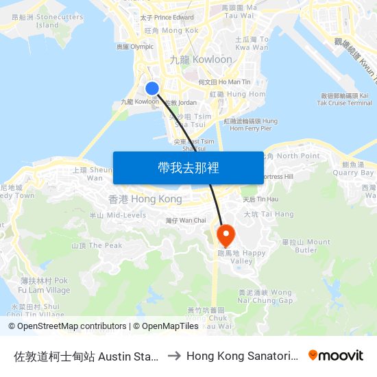 佐敦道柯士甸站 Austin Station Jordan Road to Hong Kong Sanatorium & Hospital map
