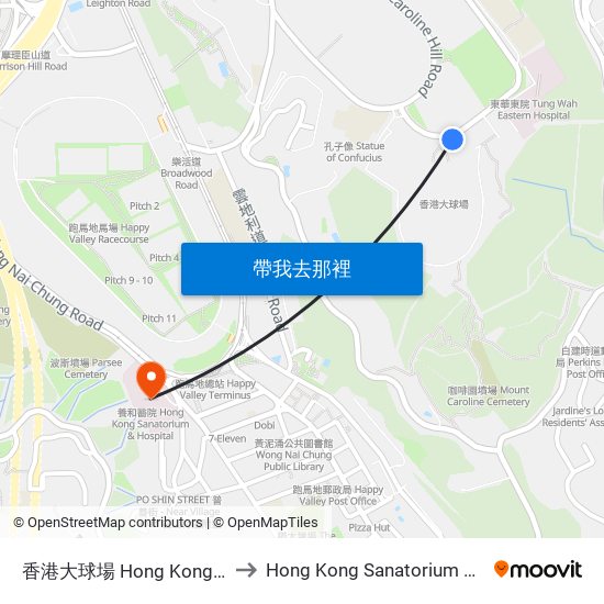 香港大球場 Hong Kong Stadium to Hong Kong Sanatorium & Hospital map