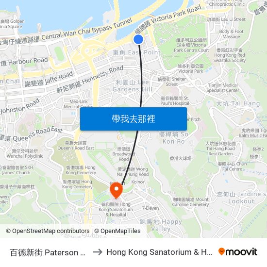 百德新街 Paterson Street to Hong Kong Sanatorium & Hospital map