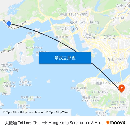 大欖涌 Tai Lam Chung to Hong Kong Sanatorium & Hospital map
