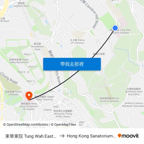 東華東院 Tung Wah Eastern Hospital to Hong Kong Sanatorium & Hospital map