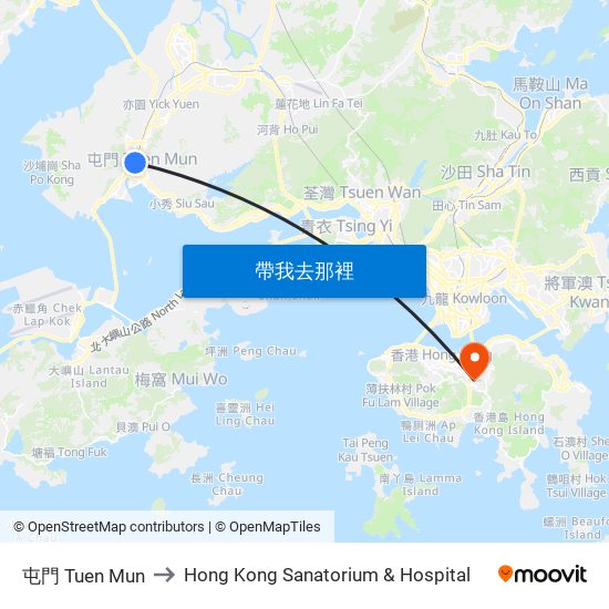 屯門 Tuen Mun to Hong Kong Sanatorium & Hospital map