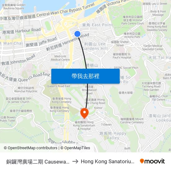 銅鑼灣廣場二期 Causeway Bay Plaza 2 to Hong Kong Sanatorium & Hospital map