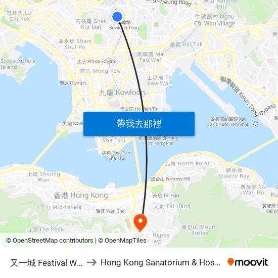 又一城 Festival Walk to Hong Kong Sanatorium & Hospital map