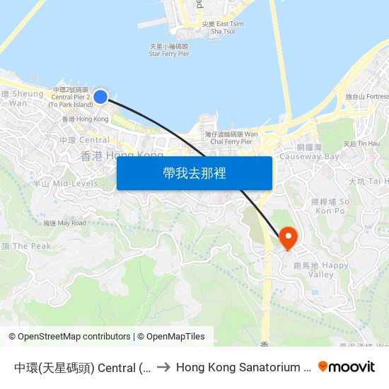 中環(天星碼頭) Central (Star Ferry) to Hong Kong Sanatorium & Hospital map