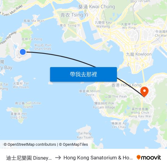 迪士尼樂園 Disneyland to Hong Kong Sanatorium & Hospital map