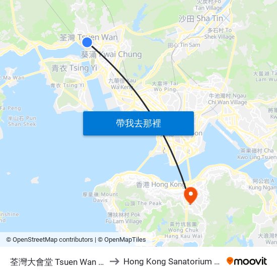 荃灣大會堂 Tsuen Wan Town Hall to Hong Kong Sanatorium & Hospital map