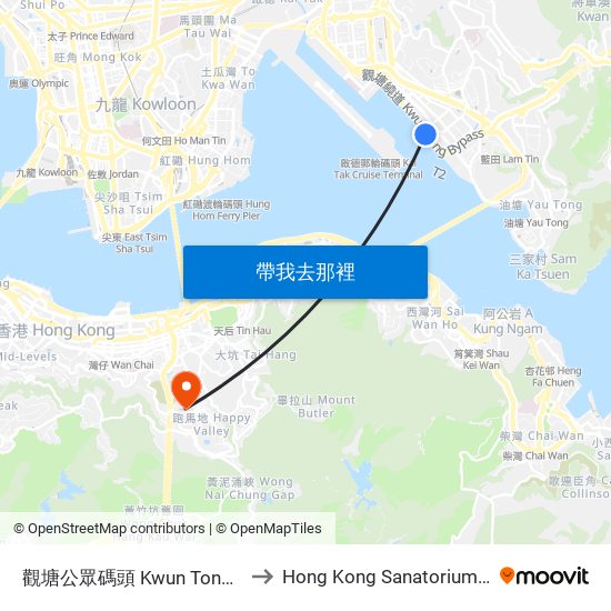 觀塘公眾碼頭 Kwun Tong Public Pier to Hong Kong Sanatorium & Hospital map