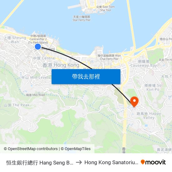 恒生銀行總行 Hang Seng Bank Head Office to Hong Kong Sanatorium & Hospital map