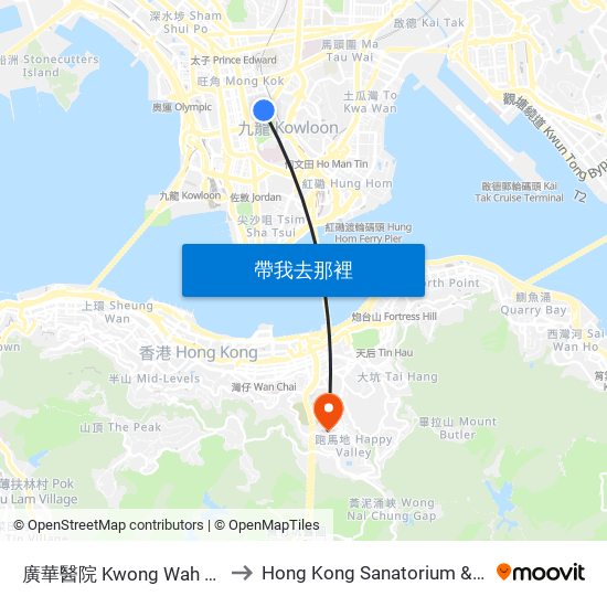 廣華醫院 Kwong Wah Hospital to Hong Kong Sanatorium & Hospital map