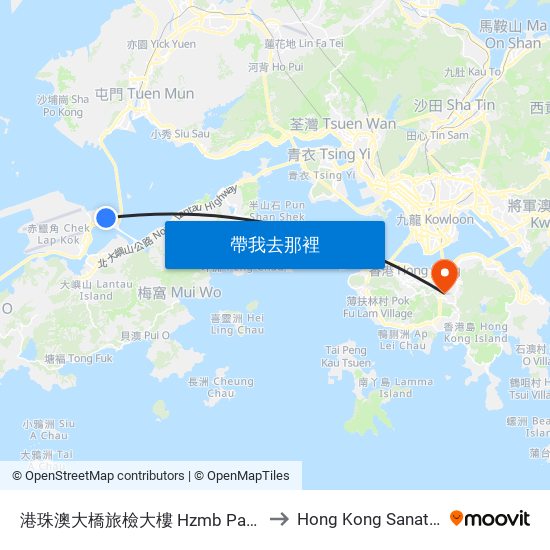 港珠澳大橋旅檢大樓 Hzmb Passenger Clearance Building to Hong Kong Sanatorium & Hospital map