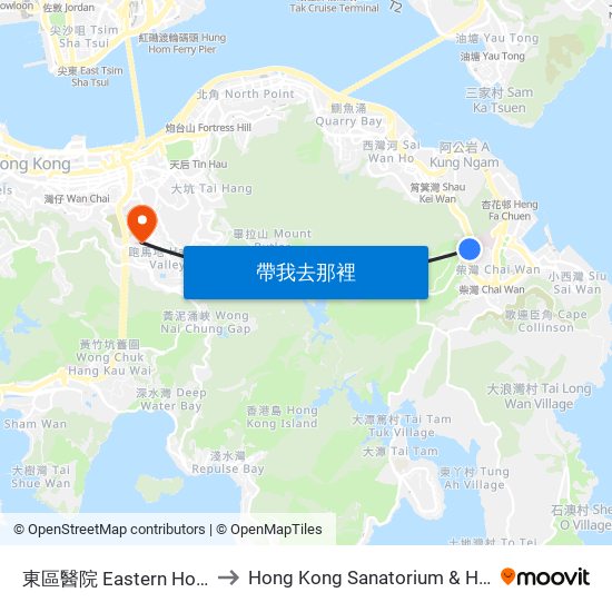 東區醫院 Eastern Hospital to Hong Kong Sanatorium & Hospital map