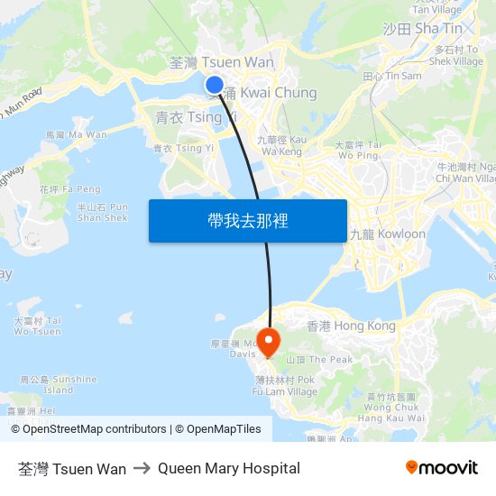 荃灣 Tsuen Wan to Queen Mary Hospital map