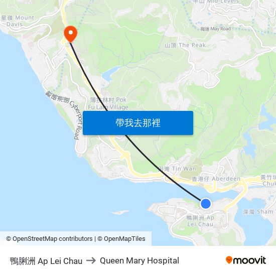 鴨脷洲 Ap Lei Chau to Queen Mary Hospital map