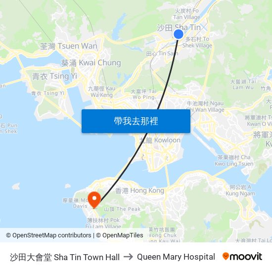 沙田大會堂 Sha Tin Town Hall to Queen Mary Hospital map