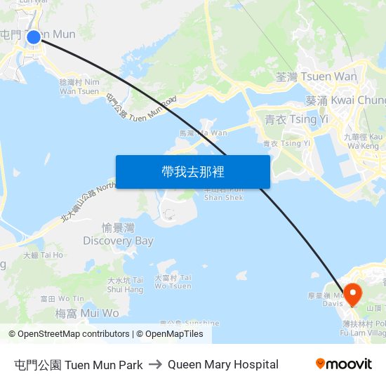 屯門公園 Tuen Mun Park to Queen Mary Hospital map