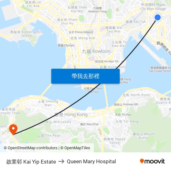 啟業邨 Kai Yip Estate to Queen Mary Hospital map