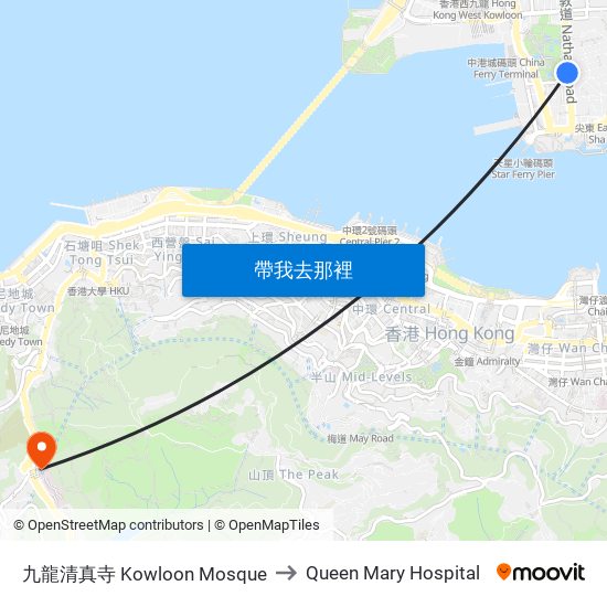 九龍清真寺 Kowloon Mosque to Queen Mary Hospital map