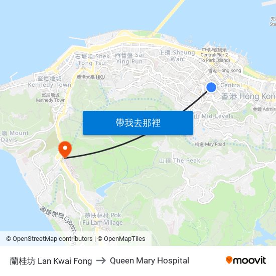 蘭桂坊 Lan Kwai Fong to Queen Mary Hospital map