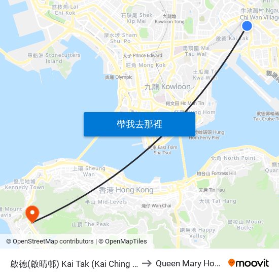 啟德(啟晴邨) Kai Tak (Kai Ching Estate) to Queen Mary Hospital map