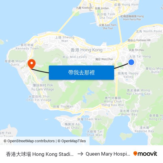 香港大球場 Hong Kong Stadium to Queen Mary Hospital map