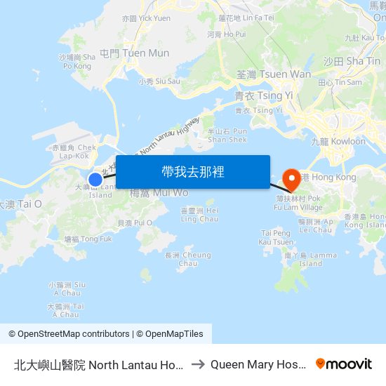 北大嶼山醫院 North Lantau Hospital to Queen Mary Hospital map