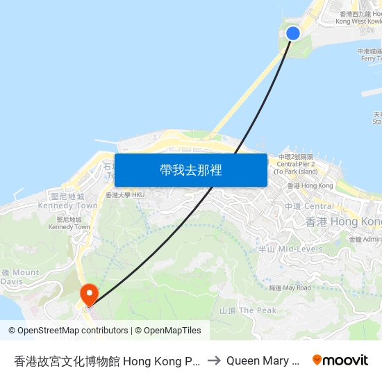 香港故宮文化博物館 Hong Kong Palace Museum to Queen Mary Hospital map