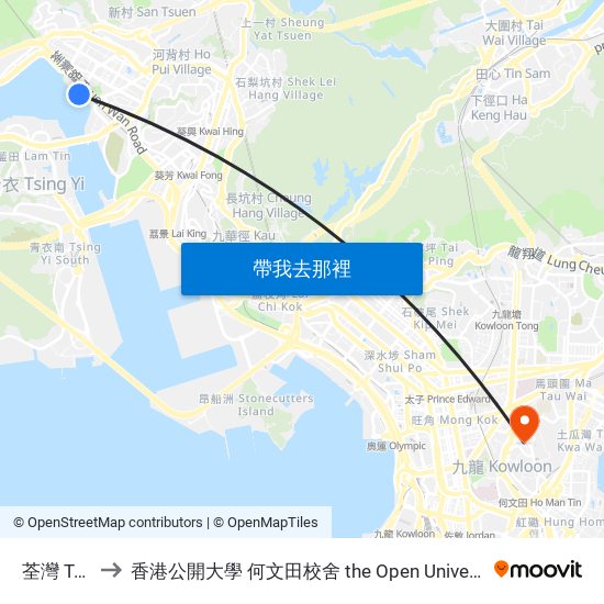 荃灣 Tsuen Wan to 香港公開大學 何文田校舍 the Open University Of Hong Kong Ho Man Tin Campus map