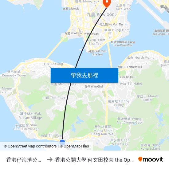 香港仔海濱公園 Aberdeen Promenade to 香港公開大學 何文田校舍 the Open University Of Hong Kong Ho Man Tin Campus map