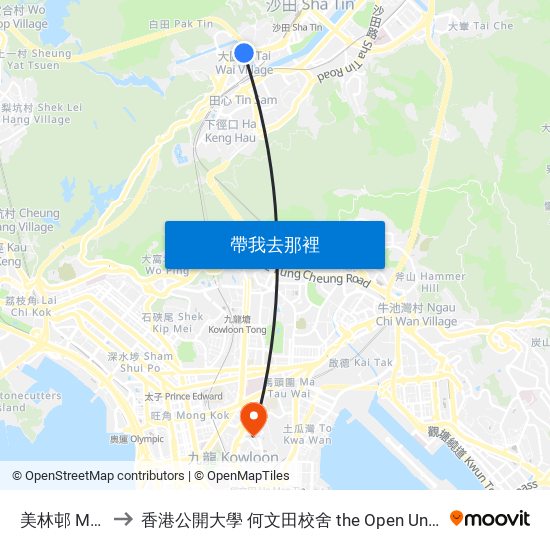 美林邨 Mei Lam Estate to 香港公開大學 何文田校舍 the Open University Of Hong Kong Ho Man Tin Campus map