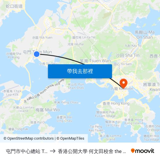 屯門市中心總站 Tuen Mun Central Bus Terminus to 香港公開大學 何文田校舍 the Open University Of Hong Kong Ho Man Tin Campus map