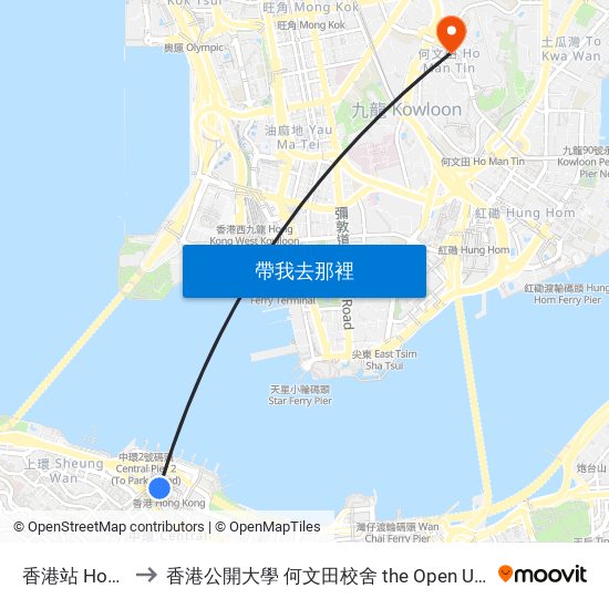 香港站 Hong Kong Station to 香港公開大學 何文田校舍 the Open University Of Hong Kong Ho Man Tin Campus map