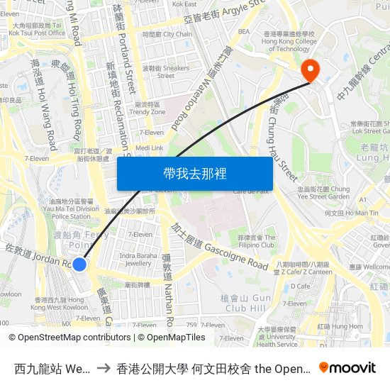 西九龍站 West Kowloon Station to 香港公開大學 何文田校舍 the Open University Of Hong Kong Ho Man Tin Campus map