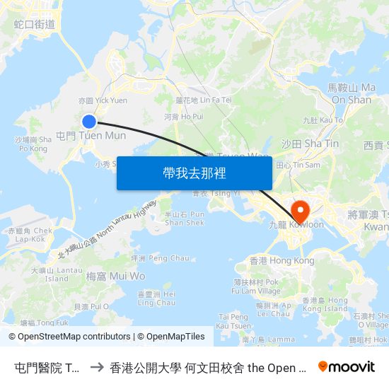 屯門醫院 Tuen Mun Hospital to 香港公開大學 何文田校舍 the Open University Of Hong Kong Ho Man Tin Campus map