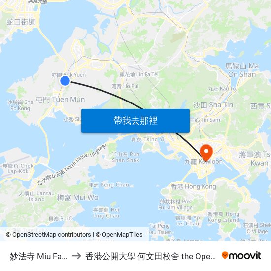 妙法寺 Miu Fat Buddhist Monastery to 香港公開大學 何文田校舍 the Open University Of Hong Kong Ho Man Tin Campus map