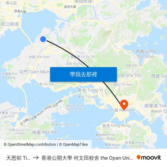 天恩邨 Tin Yan Estate to 香港公開大學 何文田校舍 the Open University Of Hong Kong Ho Man Tin Campus map