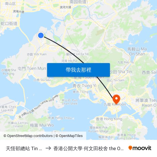 天恆邨總站 Tin Heng Estate Bus Terminus to 香港公開大學 何文田校舍 the Open University Of Hong Kong Ho Man Tin Campus map