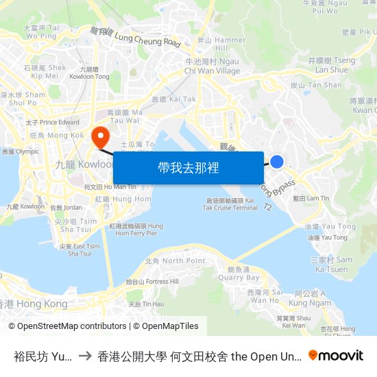 裕民坊 Yue Man Square to 香港公開大學 何文田校舍 the Open University Of Hong Kong Ho Man Tin Campus map
