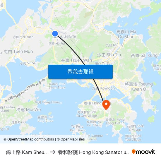 錦上路 Kam Sheung Road to 養和醫院 Hong Kong Sanatorium & Hospital map