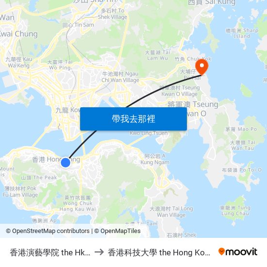 香港演藝學院 the Hk Academy For Performing Arts to 香港科技大學 the Hong Kong University Of Science And Technology map