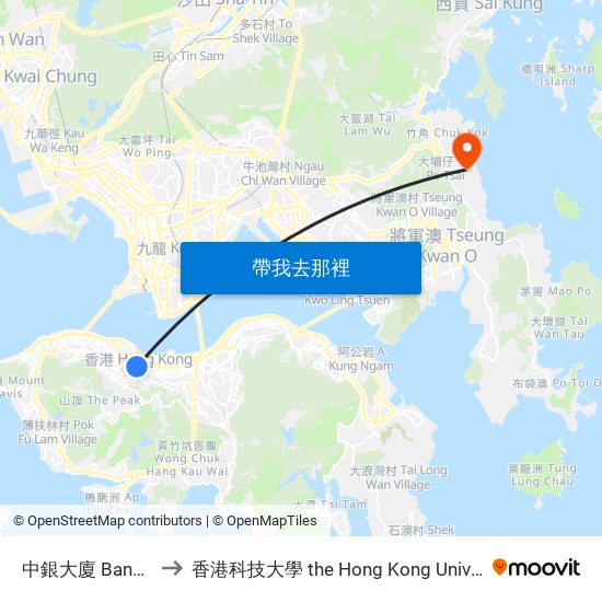 中銀大廈 Bank Of China Tower to 香港科技大學 the Hong Kong University Of Science And Technology map