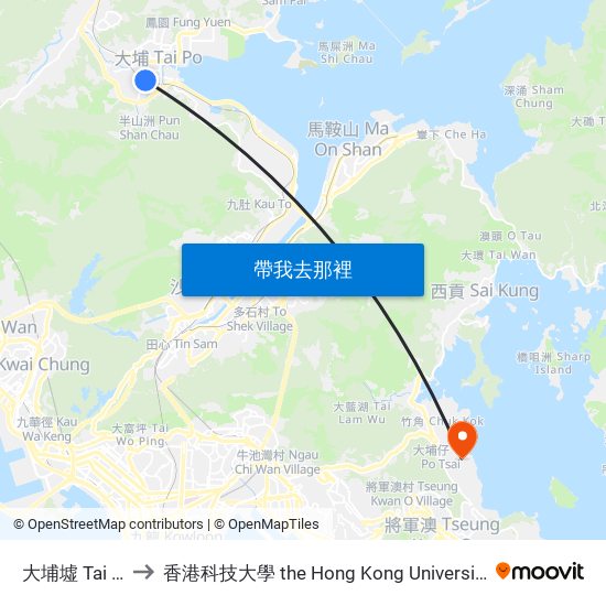 大埔墟 Tai Po Market to 香港科技大學 the Hong Kong University Of Science And Technology map