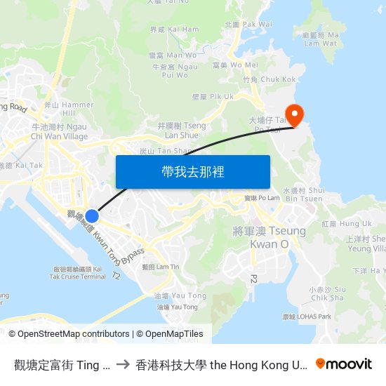 觀塘定富街 Ting Fu Street Kwun Tong to 香港科技大學 the Hong Kong University Of Science And Technology map
