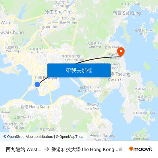 西九龍站 West Kowloon Station to 香港科技大學 the Hong Kong University Of Science And Technology map